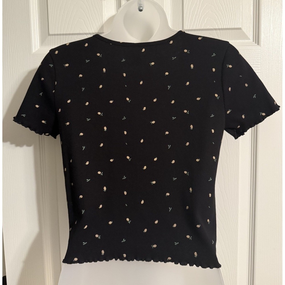 Y2K Alya Lemon Print Ribbed Baby Tee Lettuce Hem Crop Top Sz M Womens 90s 2000s - Picture 5 of 9